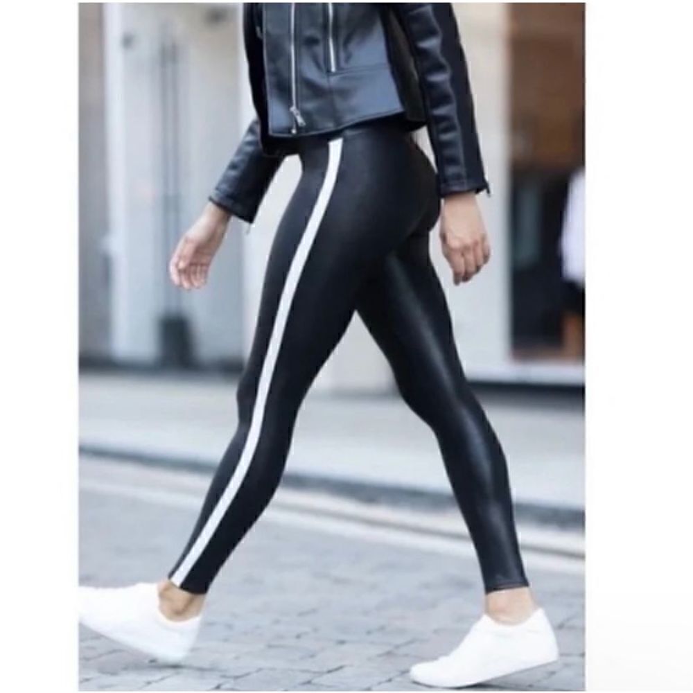 Spanx Black Faux Leather Leggings Side Stripe Large